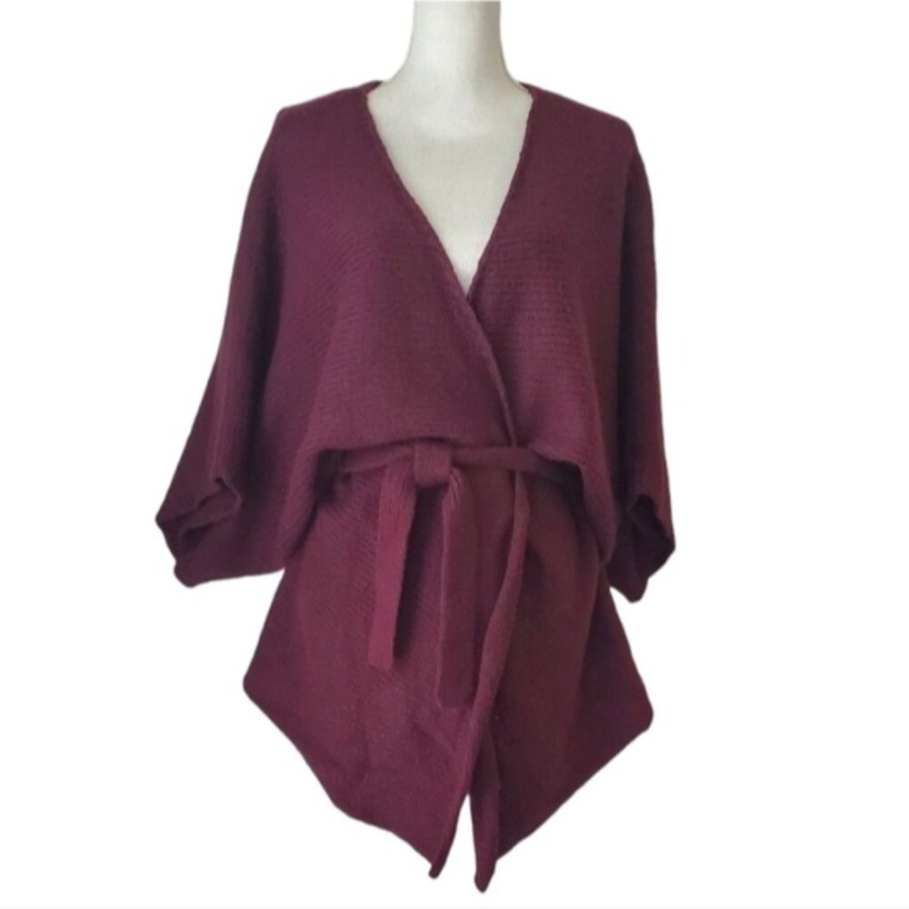 bebe Deep Plum Assymetrical   Kimono Wrap Knit Cardigan Batwing Sweater Size L